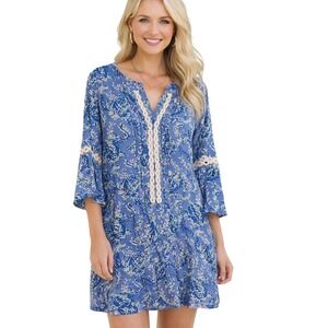 Lilly Pulitzer XL Blue Sea Turtle Paisley Hollie Tunic Dress Crochet Bell Sleeve